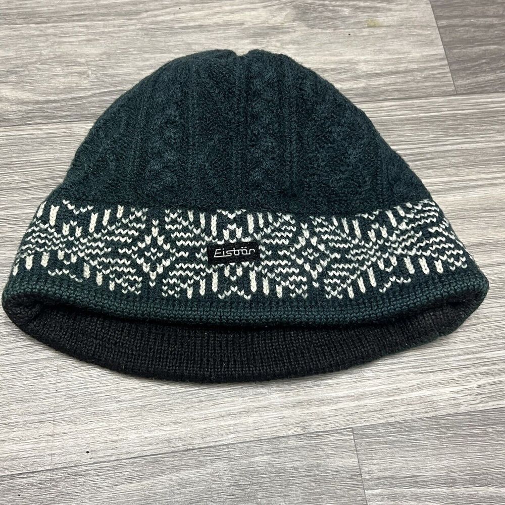 Vintage Eisbär Beanie Hat Cap Eistor Knit Merino Wool Aztec Tribal Teal Blue